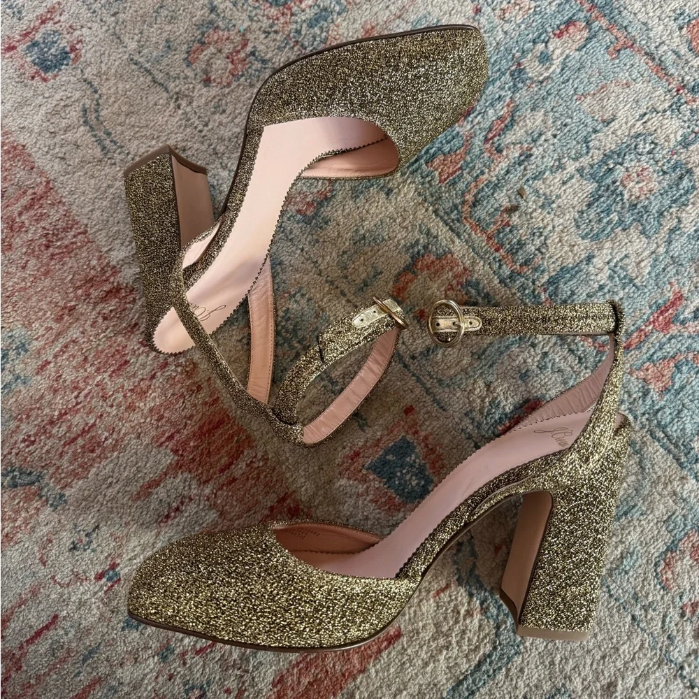 J. CREW Harlowe Ankle Strap Block Heels Gold Glitter Size 9